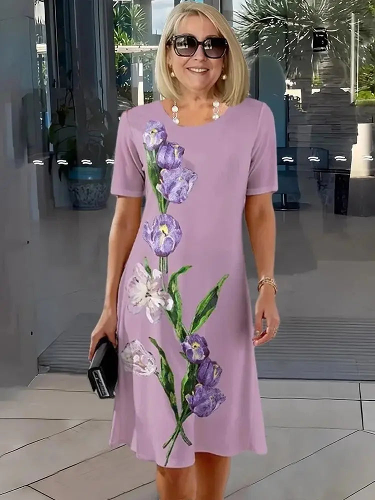Rosara - Comfortable Loose Printed Medium Dress - Purple / S - Midi Dress