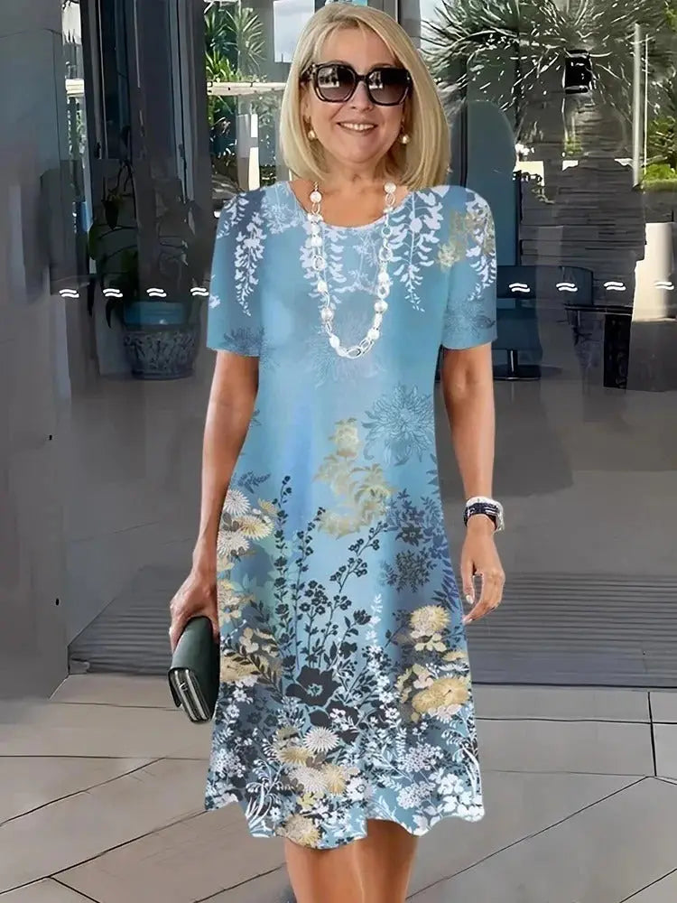 Rosara - Comfortable Loose Printed Medium Dress - Sky Blue / S - Midi Dress