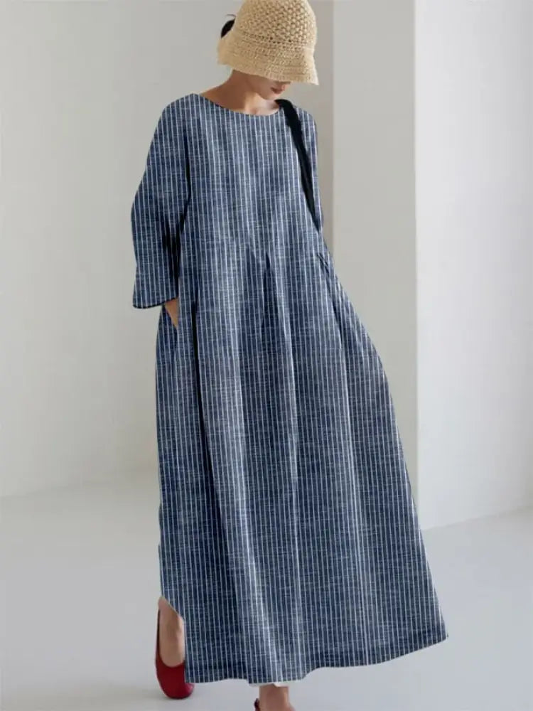 Talia - Vintage-Inspired Striped Loose Dress - Blue / S - Loose Dress