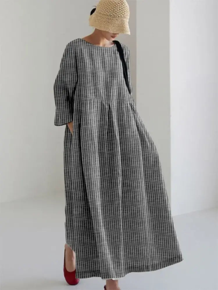 Talia - Vintage-Inspired Striped Loose Dress - Gray / S - Loose Dress