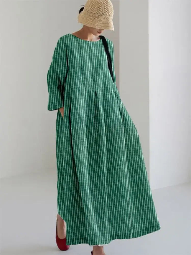 Talia - Vintage-Inspired Striped Loose Dress - Green / S - Loose Dress