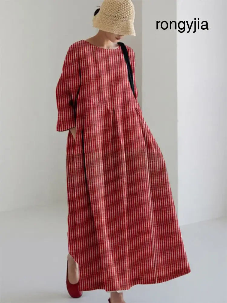 Talia - Vintage-Inspired Striped Loose Dress - Red / S - Loose Dress