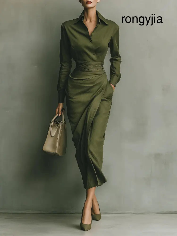 Tamariel | Wrap Silhouette Shirt Dress - Military Green / XS - Vestido elegante